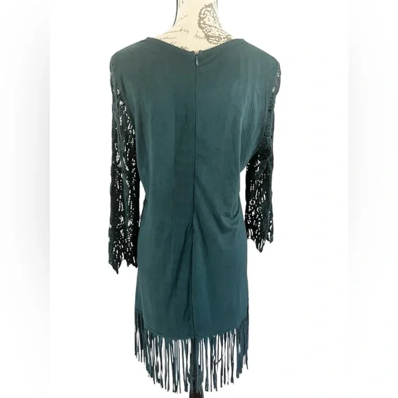 EUC Monoreno Teal Lace Fringe Midi Dress Overlay Sheath 3/4 Sleeve Medium Boho - Picture 2 of 15